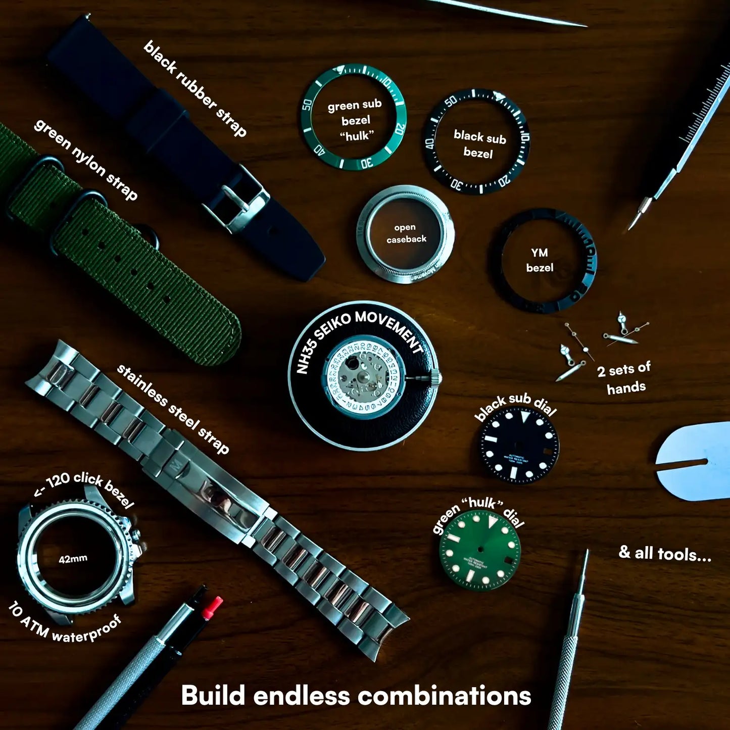 42MM DIVE WATCH BUILDING KIT - BLACK & GREEN BUNDLE