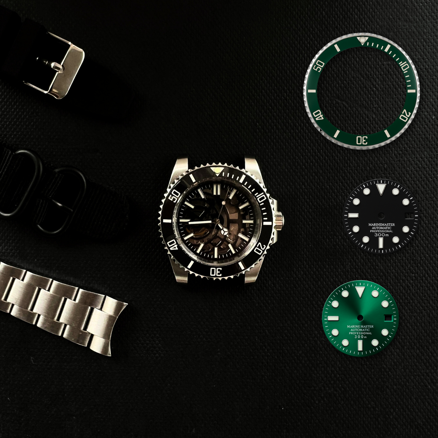 WATCH BUILDING KIT - SKELETON DIVE WATCH BUNDLE - 3 DIALS, 2 BEZELS & 3 STRAPS INCLUDED